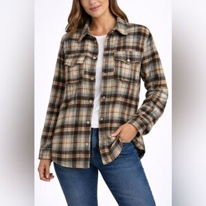 KORI America Plaid Shacket XL Snap Front Wool Blend Brown Blue